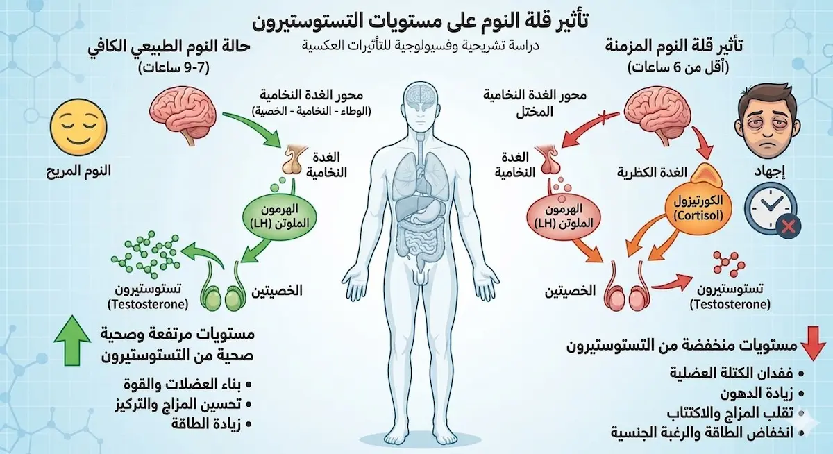 صورة توضيحية تُظهر منحنى إفراز التستوستيرون خلال ساعات النوم وكيف يتأثر عند الحرمان منه]