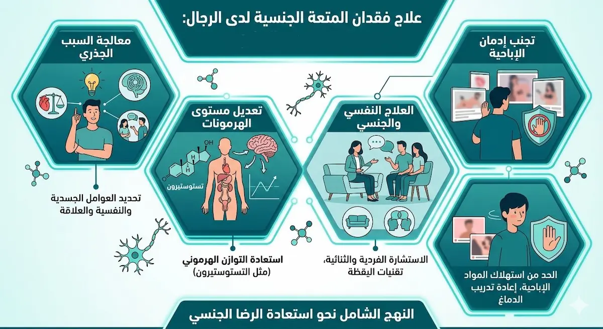 إنفوجرافيك يوضح خطوات عملية لعلاج فقدان المتعة الجنسية من خلال تحسين الصحة النفسية وإعادة ضبط نظام المكافأة في الدماغ.