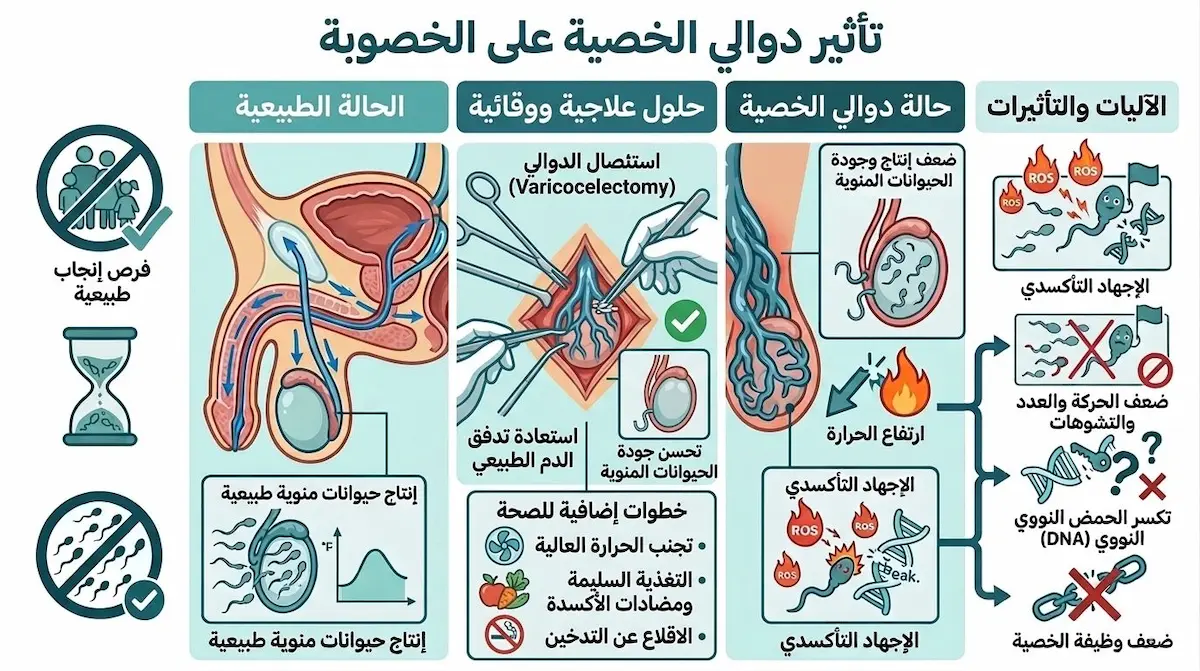 مخطط طبي يشرح كيف تؤدي دوالي الخصية إلى رفع حرارة الخصيتين والتأثير سلباً على إنتاج وجودة الحيوانات المنوية وعلاقتها مع ضعف الخصوبة عند الرجل.