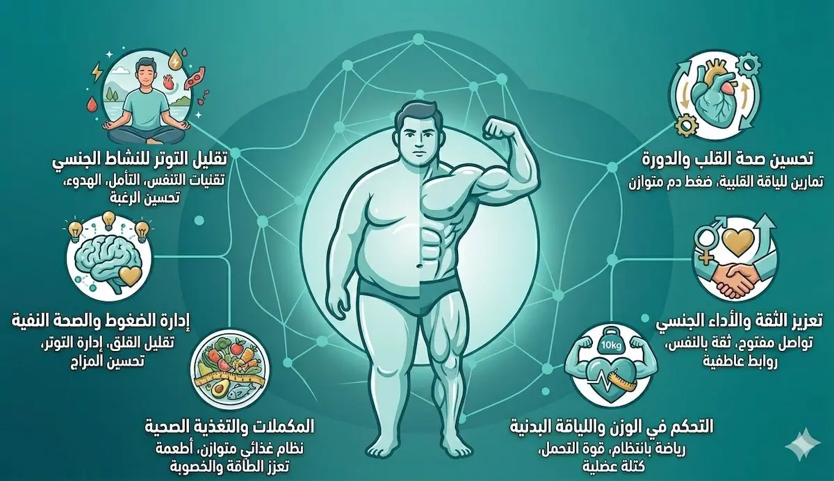 إنفوجرافيك طبي يوضح أهم خطوات إنقاص الوزن من أجل تحسين الانتصاب وزيادة الرغبة الجنسية طبيعياً.