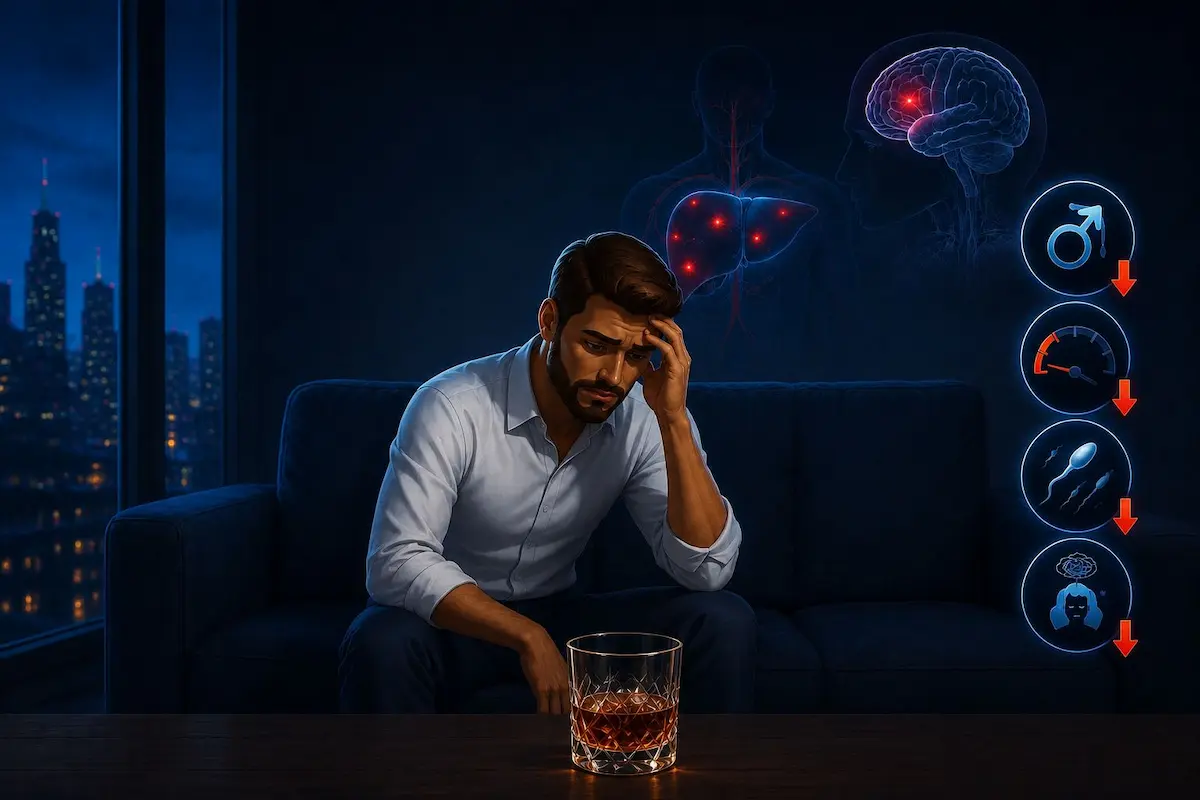 رسم توضيحي يصور الشاب في حالة إحباط بجانب كأس، لمناقشة أثر الكحول على الانتصاب، مستويات التستوستيرون، والرغبة الجنسية.