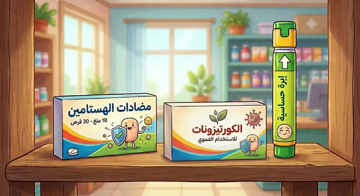 علبتا دواء وحقنة مضادة للحساسية مرتبة على طاولة معملية لمناقشة التأثير العلمي لمضادات الهيستامين على الأداء الجنسي للرجل.