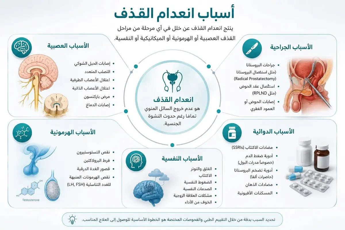 شرح أسباب انعدام القذف عند الرجال - أطلس الرجل الصحي. إنفوجرافيك طبي بصري يوضح شرح الأسباب العصبية والدوائية والهرمونية والنفسية المسببة لانعدام القذف لدى الرجال.