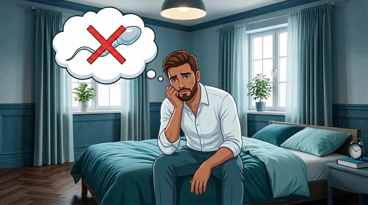 رسم توضيحي يظهر الشاب العربي في حالة تأمل وتساؤل حول أسباب مشكلة عدم القذف وتأثيرها على صحته الإنجابية.