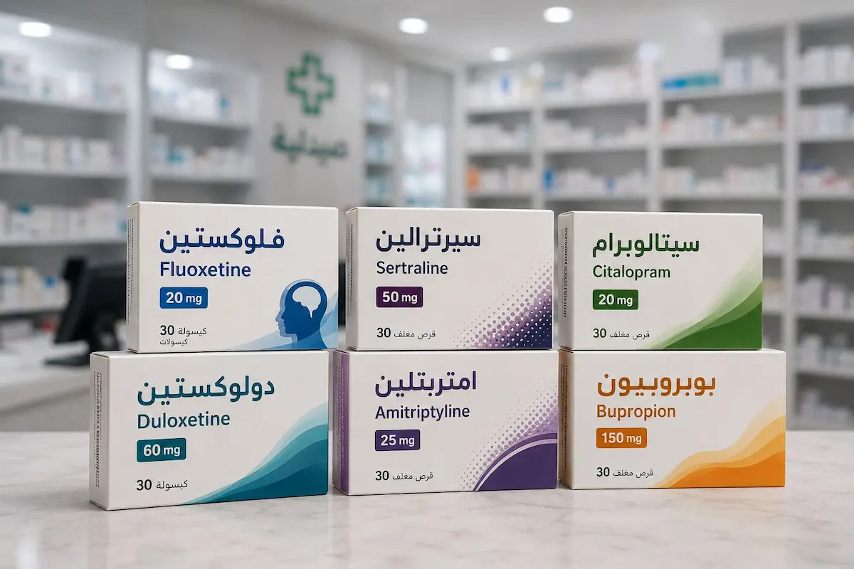 مجموعة علب لأدوية مضادات الاكتئاب الشائعة مرتبة لمناقشة أسباب وتأثير هذه العقاقير على الأداء الجنسي للرجال.