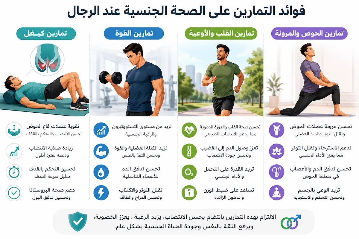 أثر الرياضة والتمارين على كفاءة الرجل - أطلس الرجل الصحي. إنفوجرافيك طبي يشرح فوائد تمارين كيجل، السكوات، والكارديو في رفع التستوستيرون، تقوية عضلات الحوض، وتحسين الانتصاب للرجال.