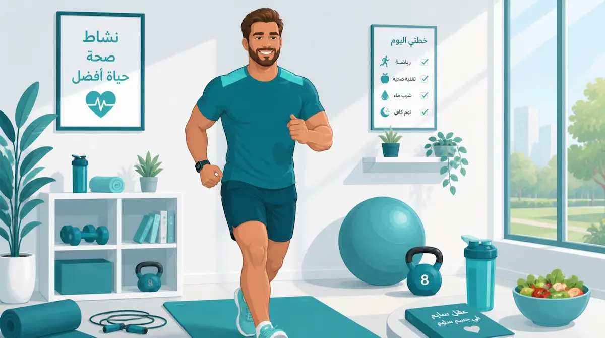 رسم توضيحي يظهر الشاب العربي بمظهر رياضي وحيوي، يرمز لأهمية اللياقة البدنية في تعزيز الأداء الجنسي.
