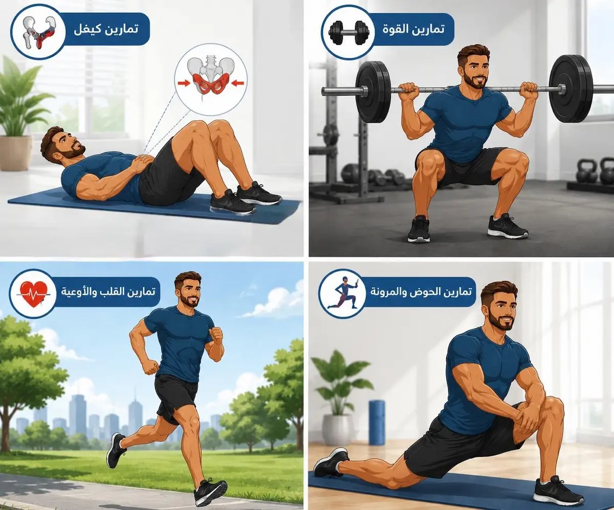 لقطة فوتوغرافية تظهر شاباً يؤدي تمارين رياضية وحركية لتقوية عضلات الحوض وتحسين الأداء الجنسي والانتصاب للرجال.