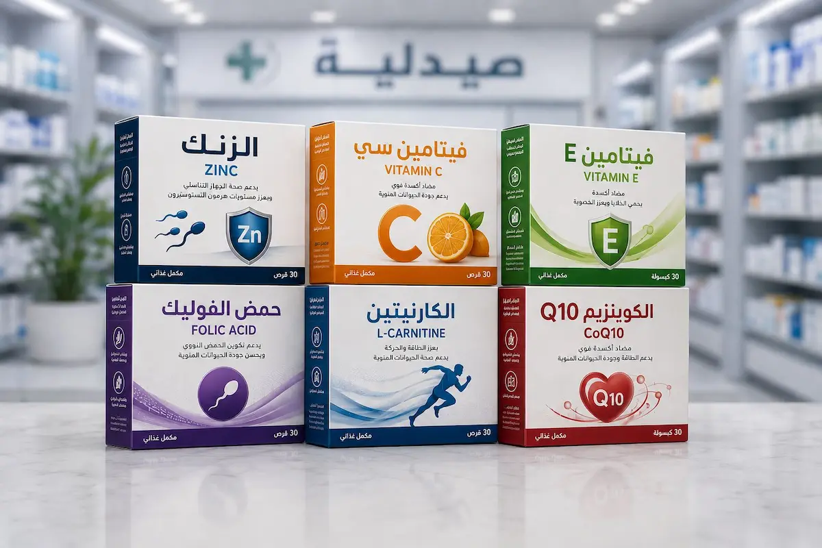 مجموعة من علب المكملات الغذائية المختارة التي تساعد في تحسين خصوبة الرجل وجودة الحيوانات المنوية.