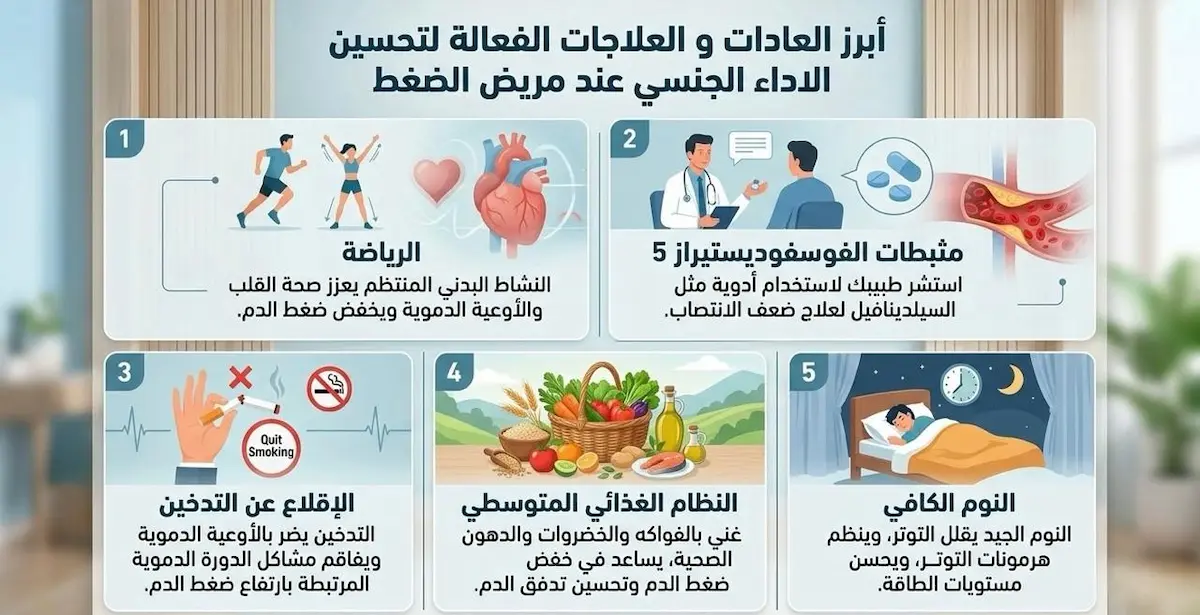 إنفوجرافيك يستعرض أفضل العادات اليومية والخيارات العلاجية التي تساعد في خفض ضغط الدم دون التأثير سلباً على القدرة الجنسية.