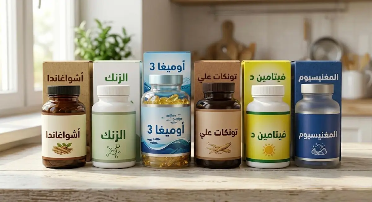 مجموعة من المكملات الطبيعية تشمل الأشواغاندا وتونكات علي والزنك وفيتامين د والمغنيسيوم لدعم مستويات التستوستيرون.