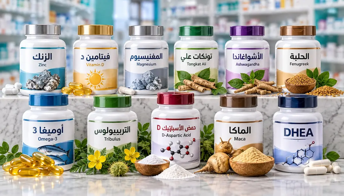 رسم توضيحي يظهر عبوات وأقراص لأبرز المكملات الطبيعية الداعمة لهرمون التستوستيرون (مثل الزنك، فيتامين د، الأشواغاندا، والحلبة) لمناقشة مقال أفضل مكملات التستوستيرون الطبيعية والفوائد المثبتة علمياً.