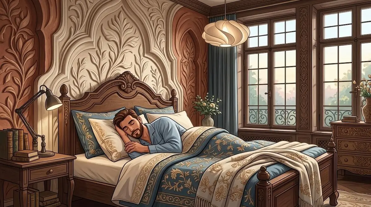 رسم توضيحي يصور الشاب العربي وهو يستمتع بنوم عميق ومريح، لمناقشة دور جودة النوم في تحسين مستويات التستوستيرون والأداء الجنسي.