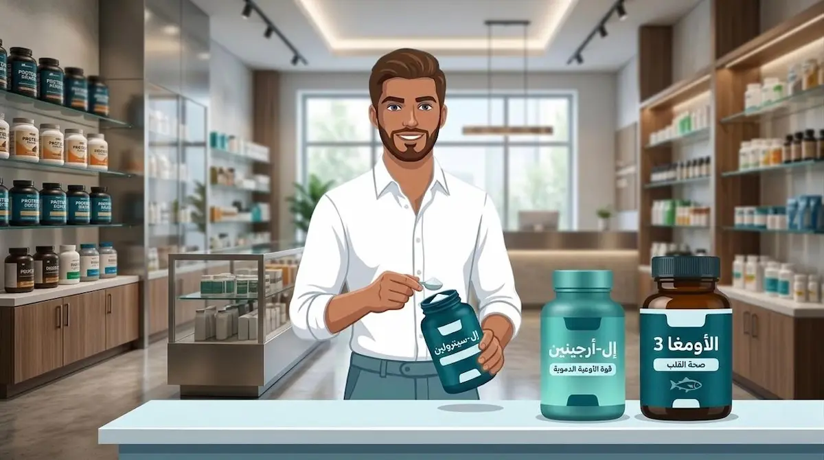 رسم توضيحي يظهر الشاب العربي مع مكملات ال-سيترولين، أوميغا 3، وال-أرجنين، لمناقشة دورها في تحسين الدورة الدموية والأداء الجنسي.