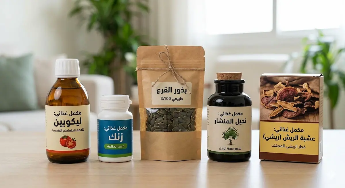 مجموعة من المكملات الغذائية المختارة لدعم صحة البروستاتا وتحسين الكفاءة الجنسية للرجال بناءً على الأدلة العلمية.