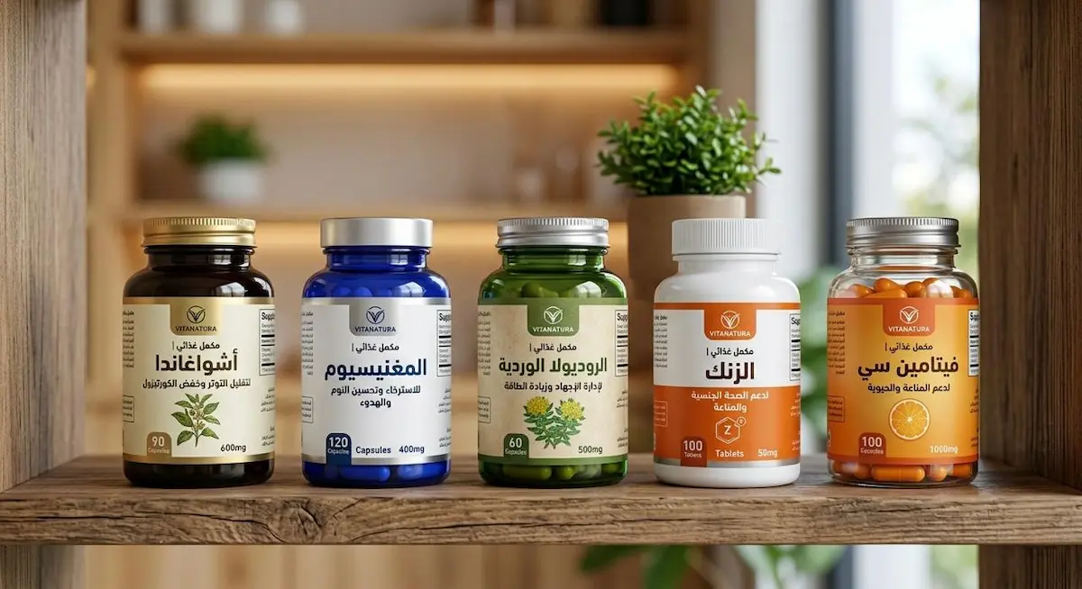 مجموعة علب مكملات غذائية لدعم الأداء الجنسي وخفض الكورتيزول طبيعياً بناءً على الأدلة والبحوث العلمية.