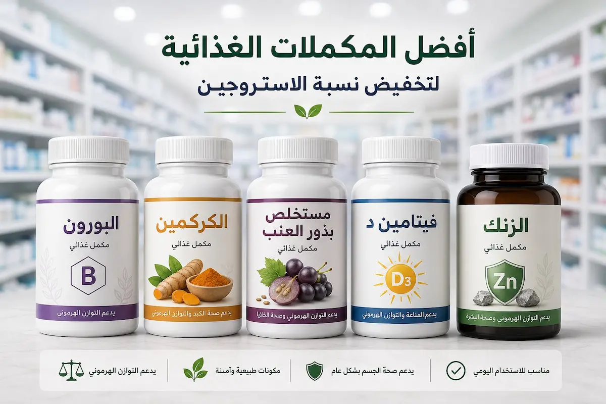 مجموعة من عبوات المكملات الغذائية المختارة علمياً للمساعدة في خفض مستويات الإستروجين الزائدة وتعزيز التوازن الهرموني للرجل.