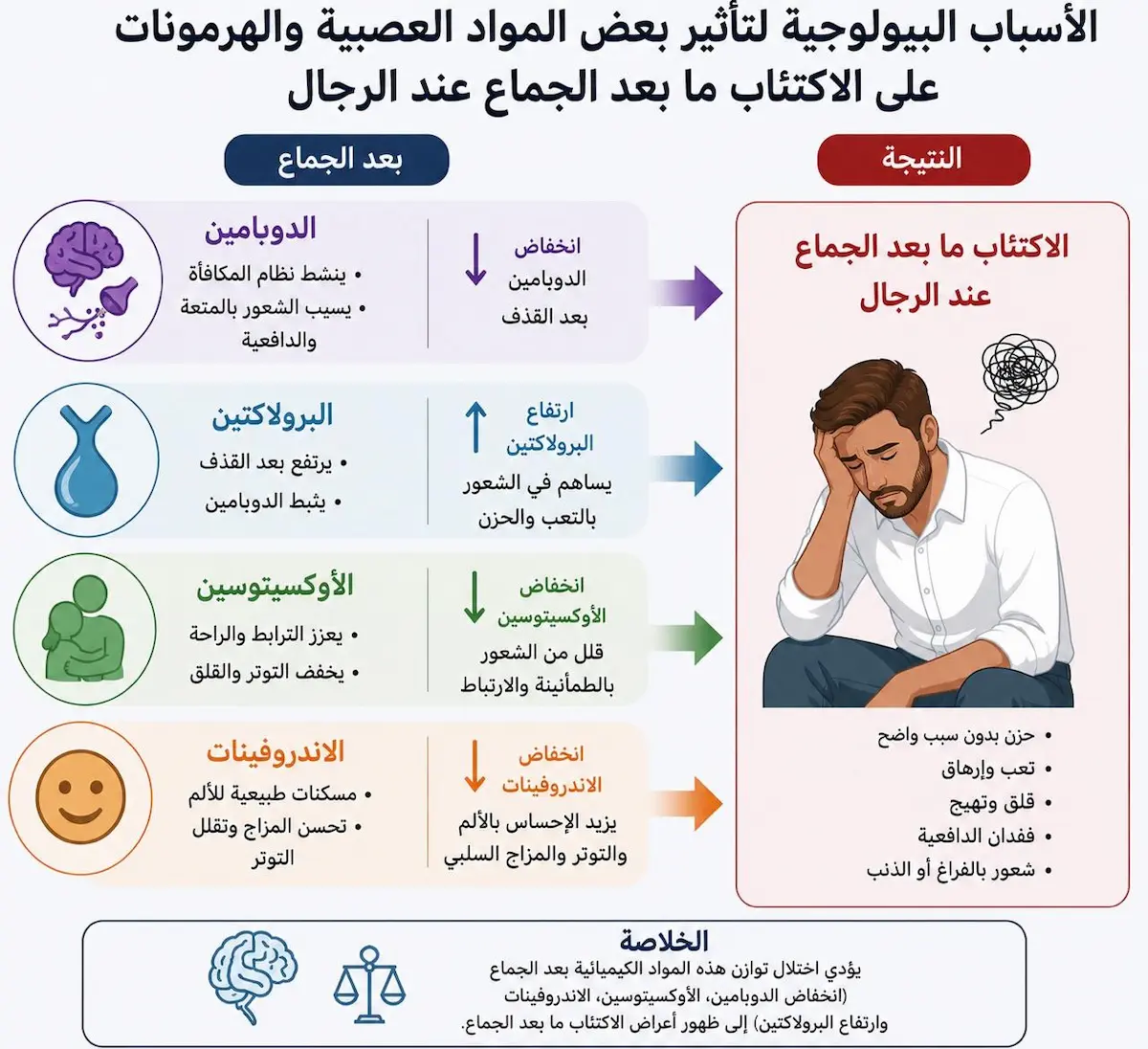 إنفوجرافيك طبي يشرح الأسباب البيولوجية لاكتئاب ما بعد الجماع، بما في ذلك التغيرات في مستويات الدوبامين، الأوكسيتوسين، والبرولاكتين.