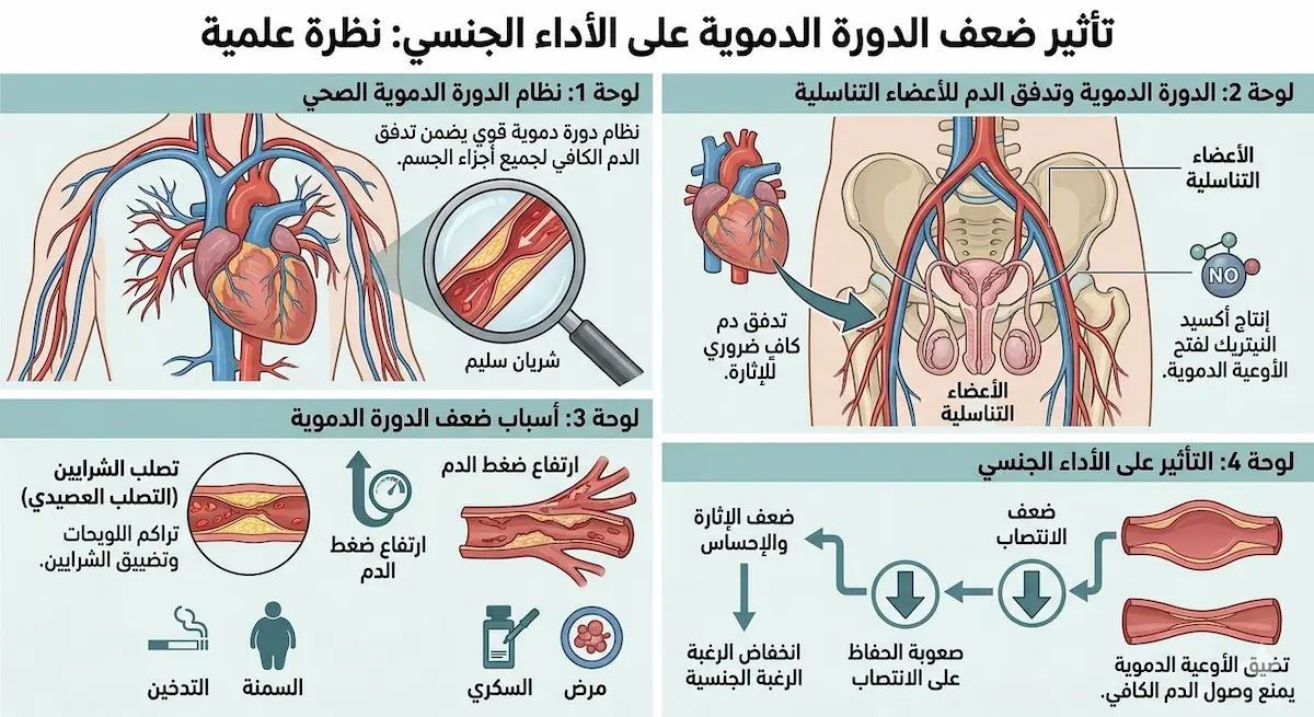 مخطط فيزيولوجي يشرح تداعيات ضعف الدورة الدموية وتصلب الشرايين على كفاءة العملية الجنسية لدى الرجال.