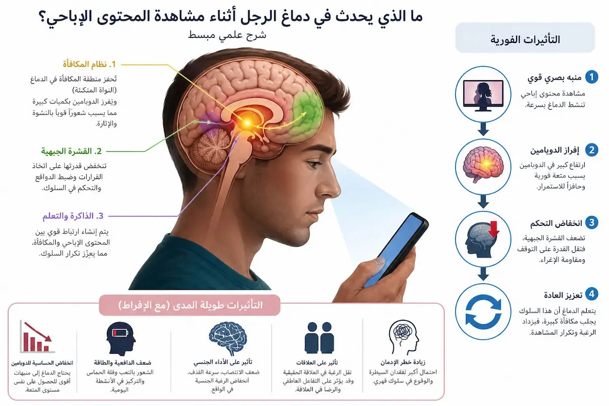ماذا يحدث في دماغ الرجل أثناء مشاهدة الإباحية - أطلس الرجل الصحي. إنفوجرافيك طبي بصري يوضح ما الذي يحدث في دماغ الرجل أثناء مشاهدة المحتوى الإباحي وتأثيره على كيمياء الدماغ ومستقبلات الدوبامين.