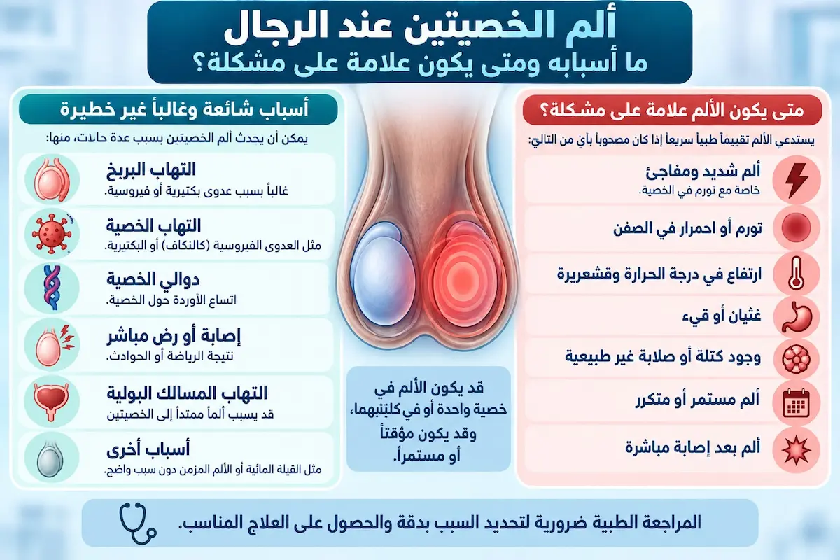 إنفوجرافيك طبي بصري يوضح شرح أسباب ألم الخصيتين الطارئة والشائعة ومتى تجب استشارة