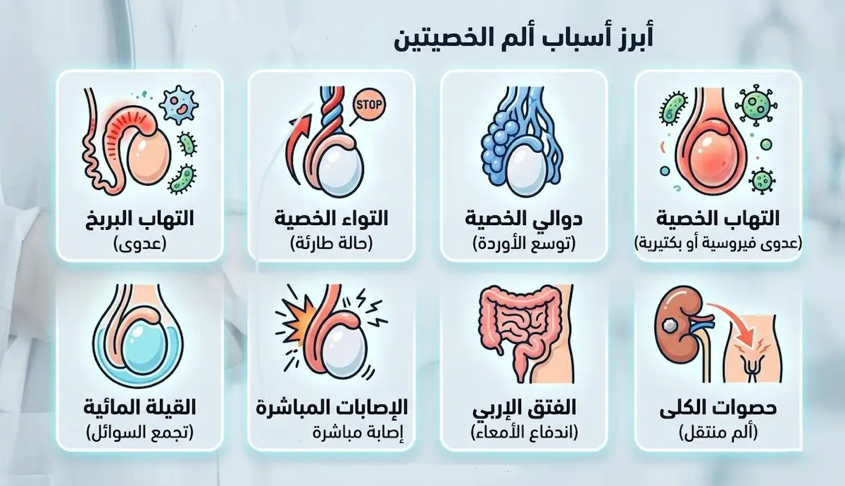 إنفوجرافيك طبي يستعرض الأسباب الشائعة وغير الطارئة لألم الخصية عند الرجال وكيفية التمييز بينها.