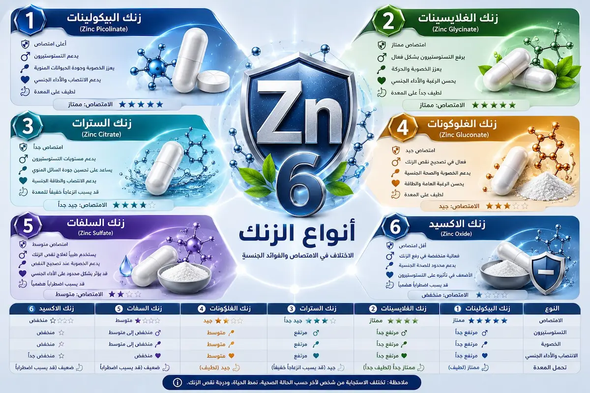 الفروقات بين أنواع الزنك - أطلس الرجل الصحي. جدول إنفوجرافيك مقارنة يوضح الفروقات بين أنواع مكملات الزنك مثل البيكولينات والغليسينات والسلفات من حيث الامتصاص والتأثير على المعدة.