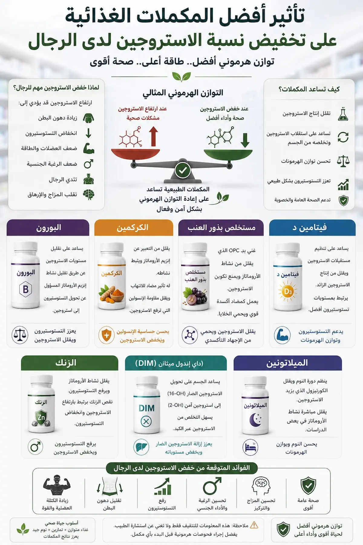 إنفوجرافيك طبي شامل يلخص أعراض ارتفاع الإستروجين، وأفضل المكملات لعلاجه، مع شرح أهمية الحفاظ على نسبة صحية دون انخفاض مفرط.