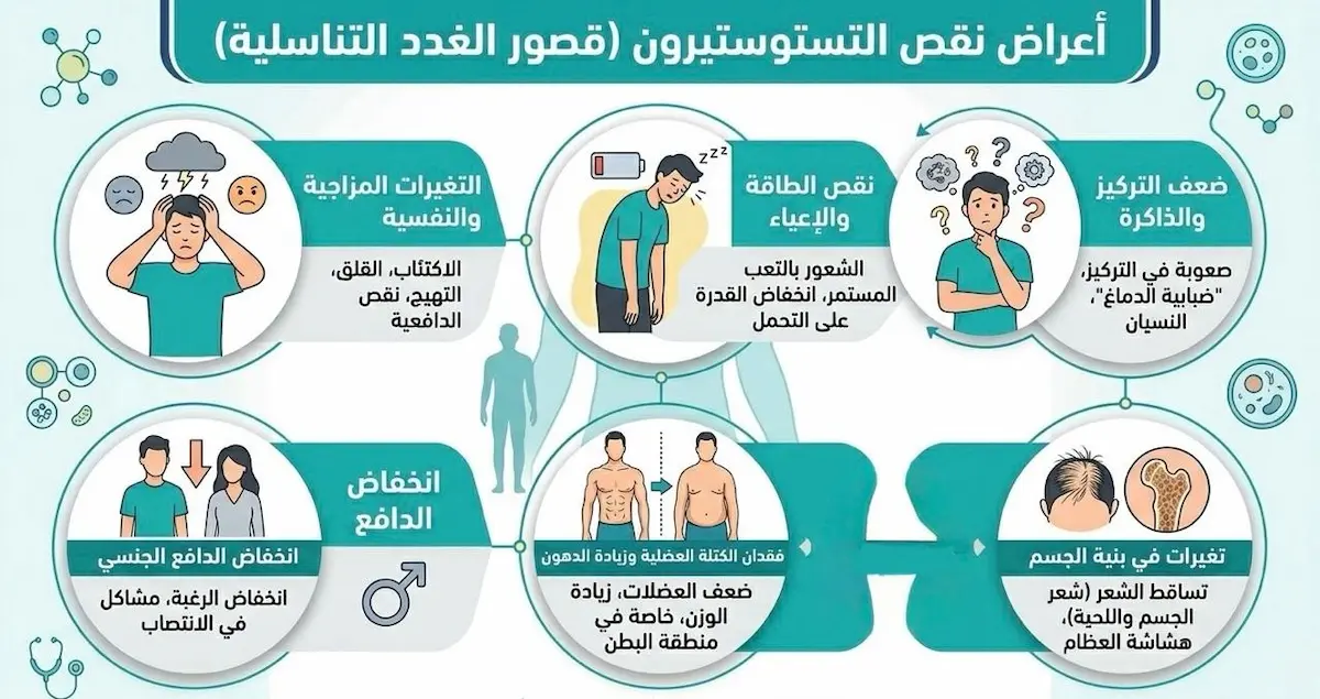 إنفوجرافيك طبي يستعرض الأعراض الجسدية والنفسية الناتجة عن نقص هرمون التستوستيرون لدى الرجال.
