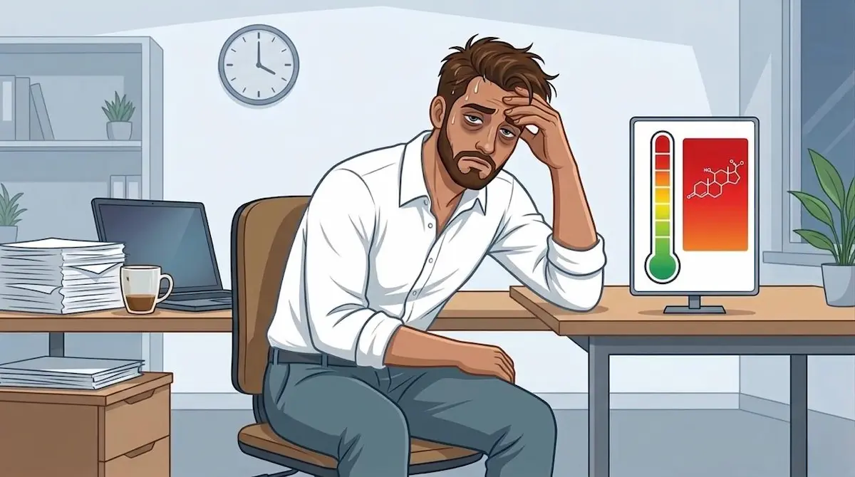 رسم توضيحي يصور الشاب في حالة إرهاق وإحباط شديد، لمناقشة تأثير التوتر المزمن وارتفاع الكورتيزول على هرمون التستوستيرون والأداء الجنسي.