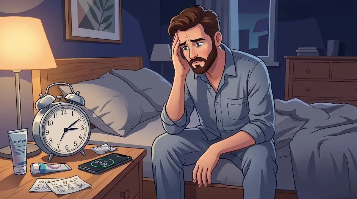 رسم توضيحي يظهر الشاب العربي وهو يجلس على السرير بملامح محبطة، لمناقشة أسباب وعلاجات مشكلة القذف المتأخر.