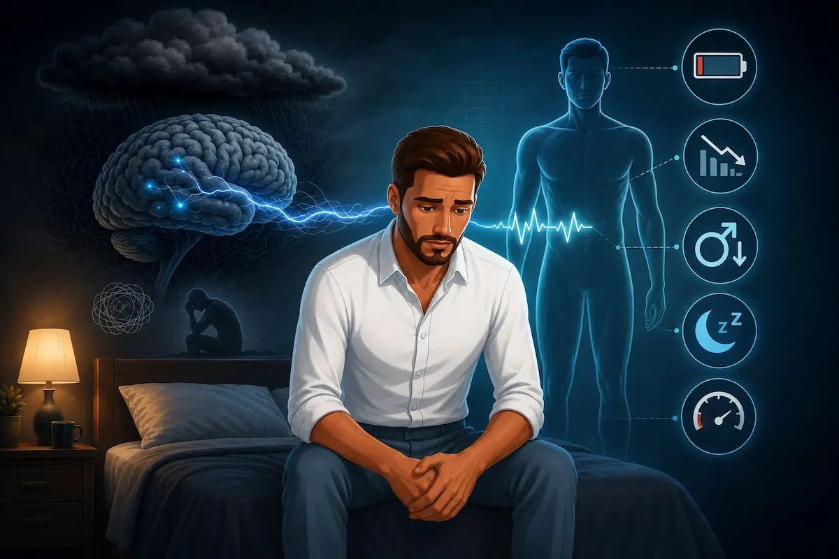 رسم توضيحي يصور الشاب في حالة اكتئاب وحزن، لمناقشة أثر الاكتئاب النفسي على الانتصاب والرغبة الجنسية عند الرجال.