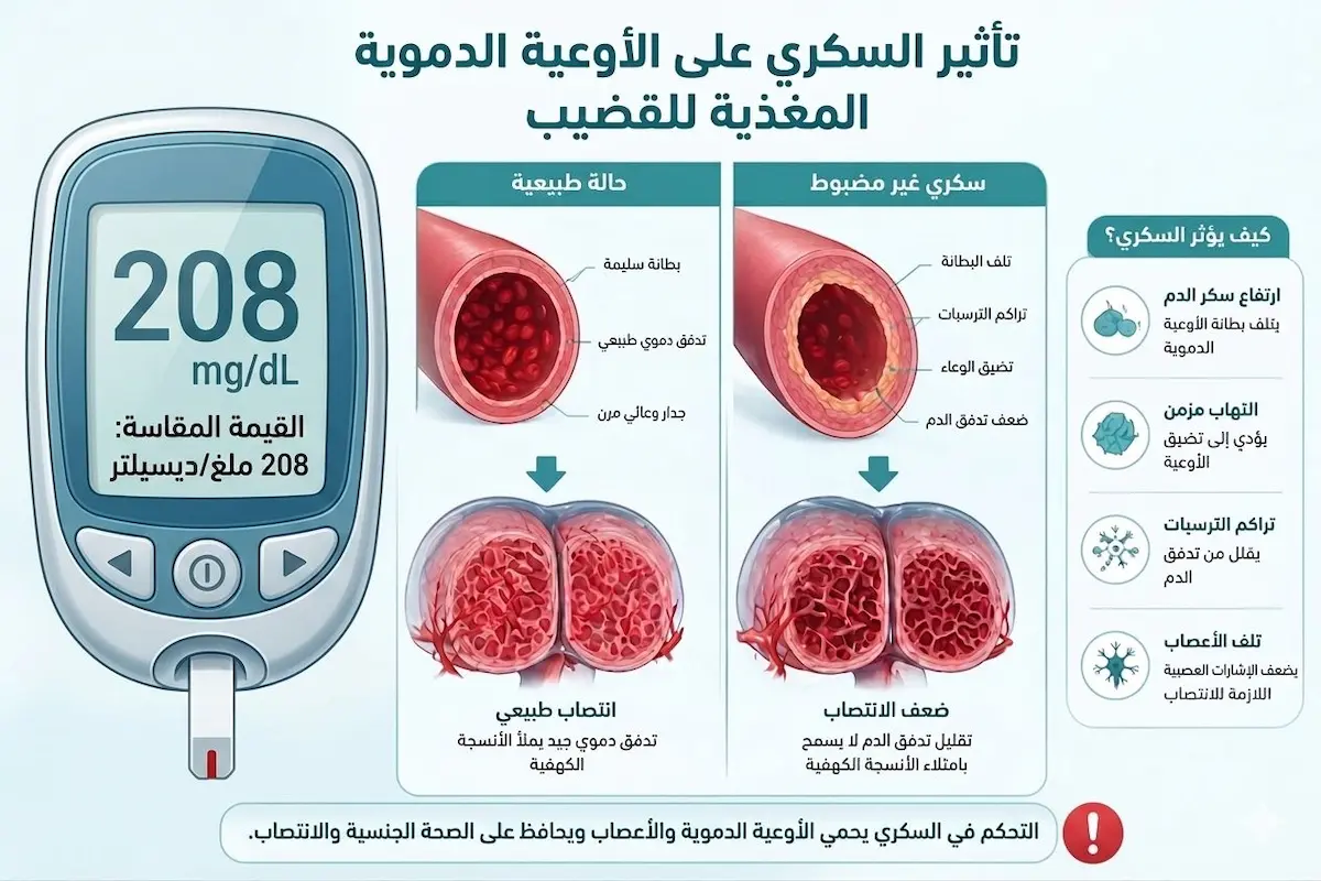 مخطط طبي يشرح كيف يؤدي ارتفاع السكر في الدم إلى تضرر الأعصاب والأوعية الدموية المسؤولة عن عملية الانتصاب.