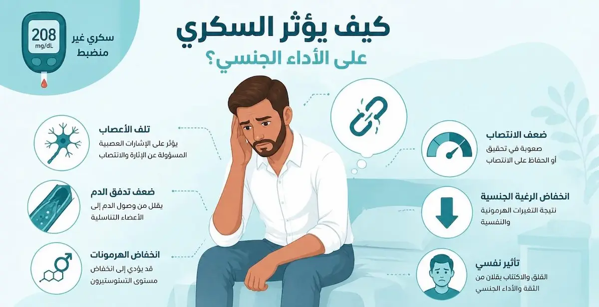 مخطط طبي يوضح المضاعفات الجنسية الناتجة عن مرض السكري والعلاقة بين السكري والأداء الجنسي .
