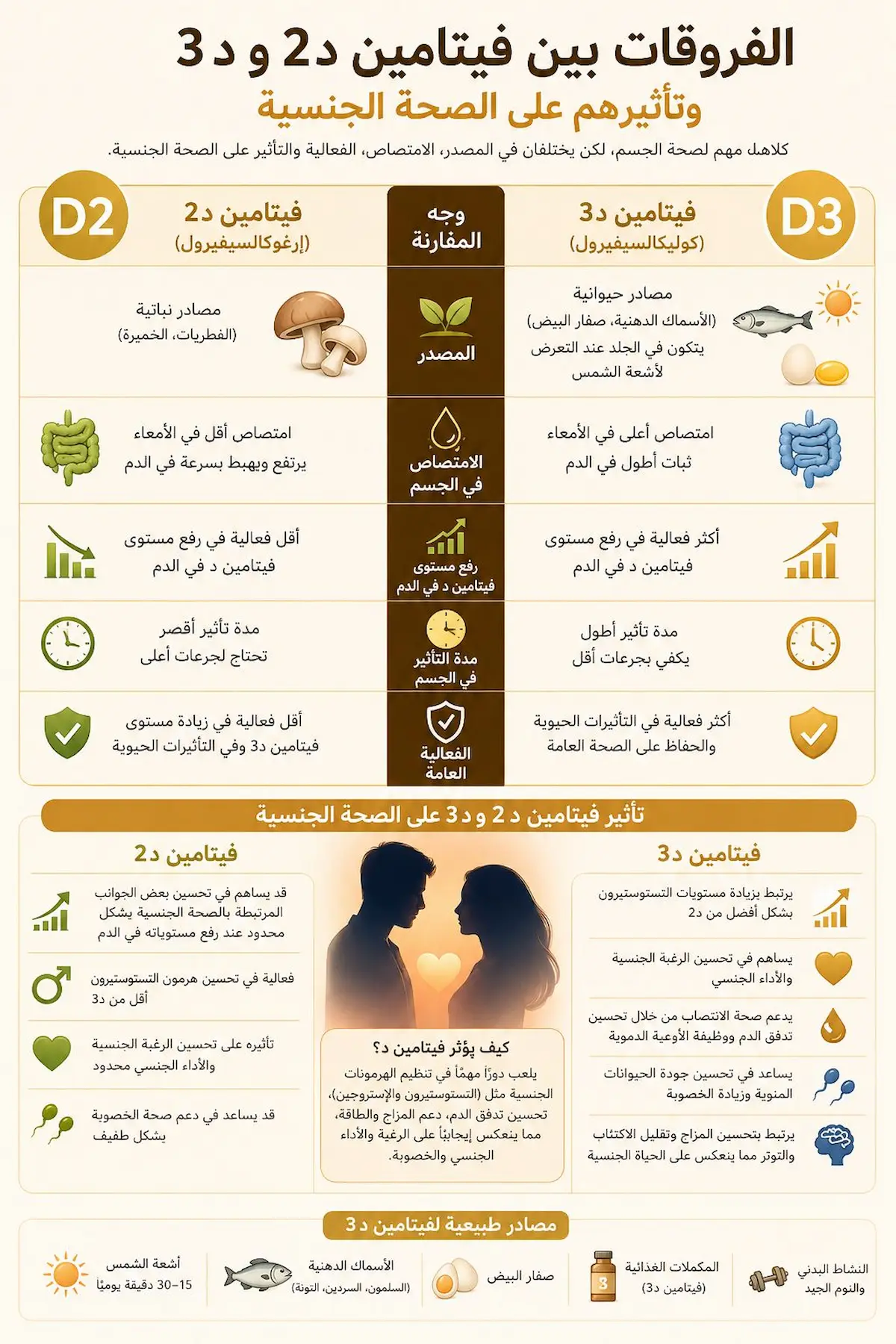الفرق بين فيتامين D2 و D3 - أطلس الرجل الصحي. جدول إنفوجرافيك طبي يشرح الفروقات بين فيتامين د2 النباتي وفيتامين د3 الحيواني وتأثيرهما على تحفيز هرمون الذكورة والانتصاب للرجال.