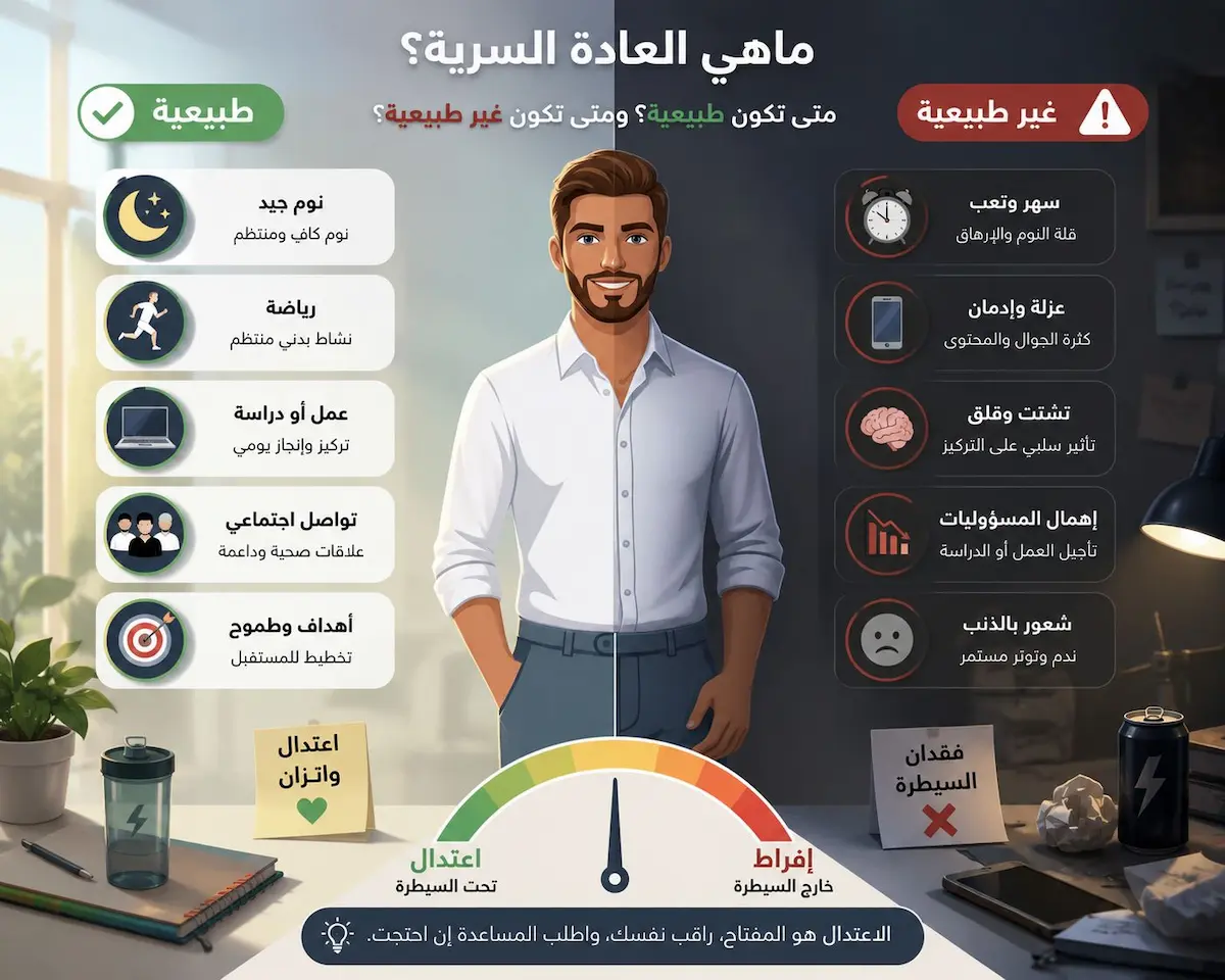 إنفوجرافيك طبي يحتوي على نقاط مقارنة مكتوبة توضح الفروق الجوهرية بين الممارسة الطبيعية والإفراط المرضي.