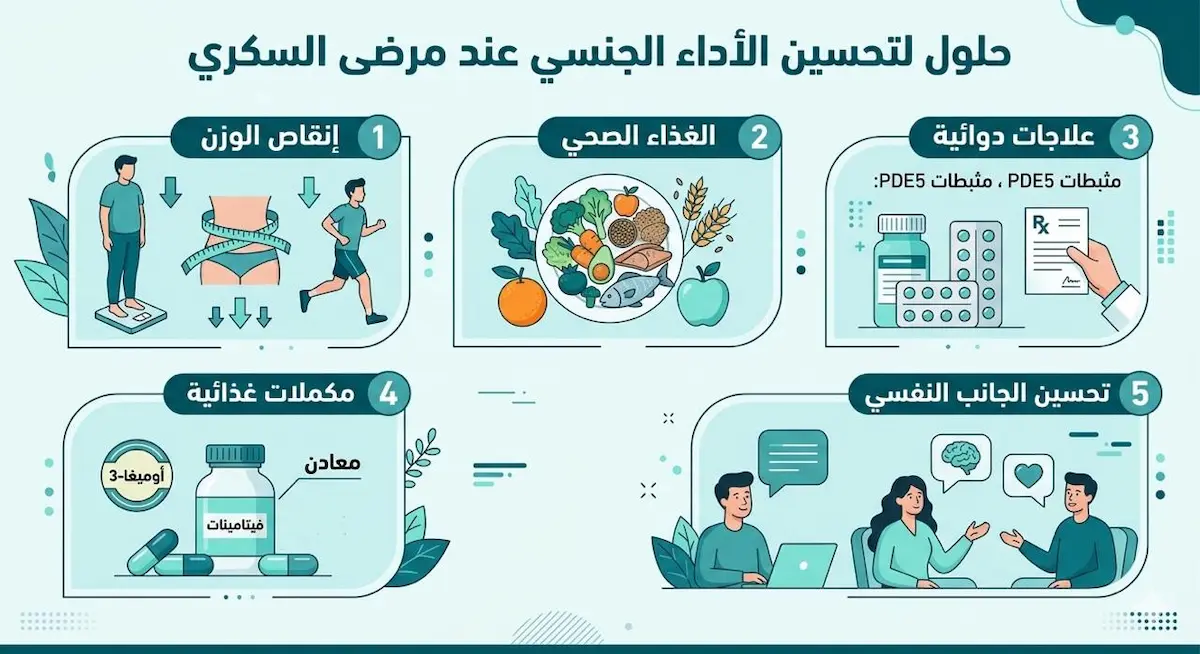 إنفوجرافيك طبي يوضح طرق تحسين تحسين الأداء الجنسي عند مريض السكري عبر تغيير نمط الحياة والالتزام بالعلاجات الحديثة.
