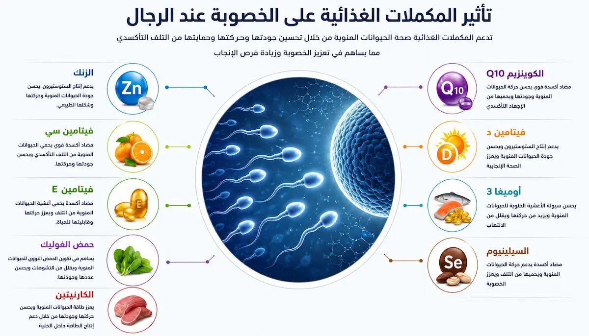 إنفوجرافيك توضيحي يبرز التأثيرات الإيجابية للمكملات الغذائية على عدد وحركة وشكل الحيوانات المنوية عند الرجال.