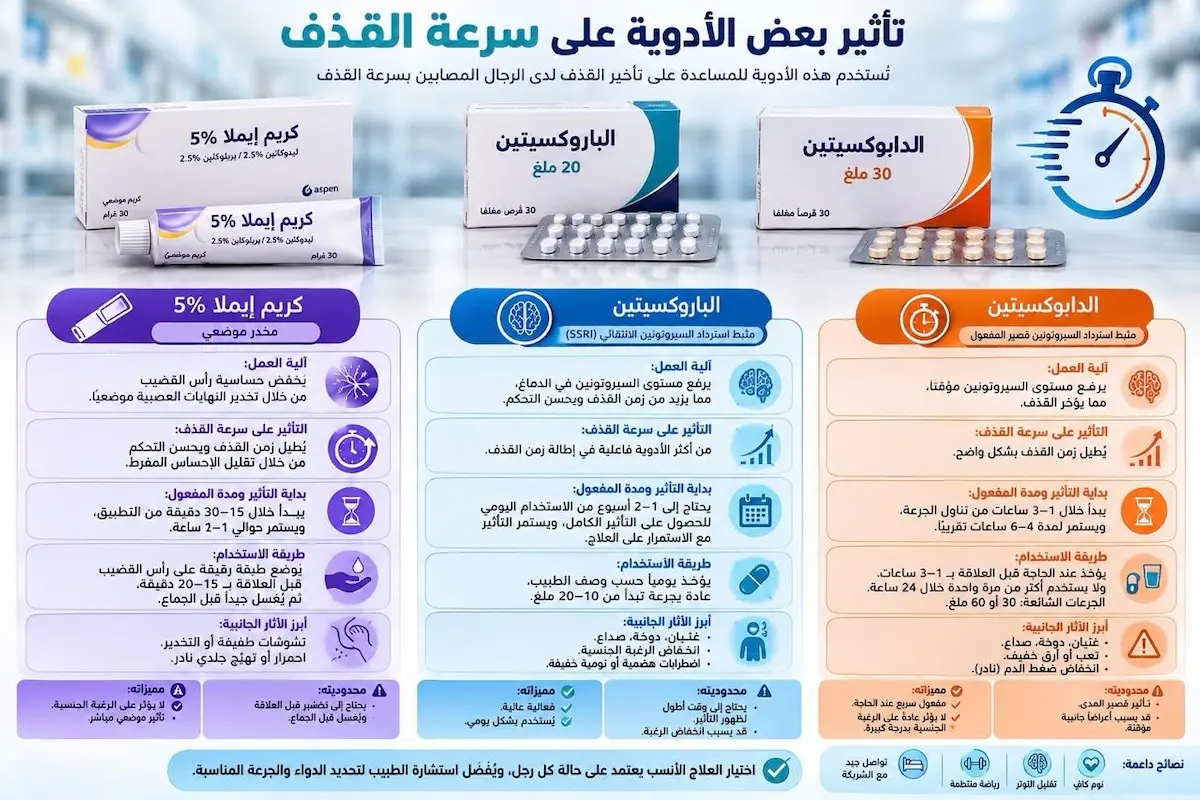 إنفوجرافيك طبي بصري يوضح جدول مقارنة الفروقات العلمية والسريرية بين كريم إيملا ودواء دابوكستين وباروكستين لعلاج سرعة القذف.