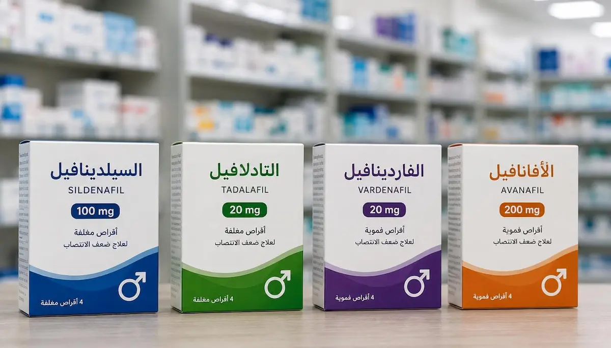 لقطة فوتوغرافية لعلب أدوية علاج ضعف الانتصاب الأربعة الشهيرة لمناقشة الدليل العلمي لاختيار العلاج المناسب للرجال.