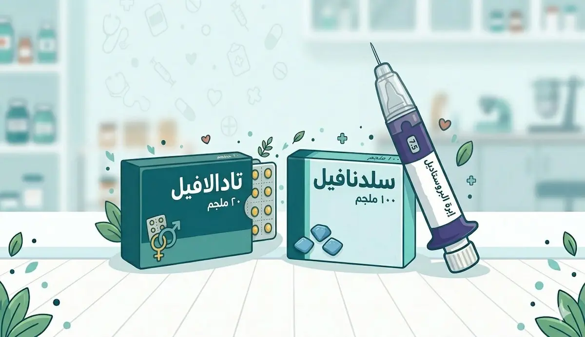صورة طبية تجمع بين أشهر علاجات ضعف الانتصاب مثل سيلدينافيل وتادالافيل والبروستاديل، لتوضيح الفروقات بينها وكيفية اختيار الأنسب.