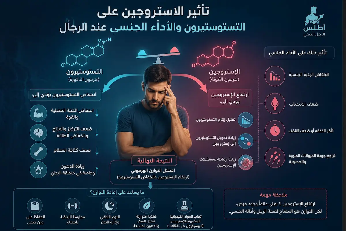 إنفوجرافيك طبي بصري يوضح شرح وآلية تأثير ارتفاع أو انخفاض الإستروجين على مستويات التستوستيرون والأداء الجنسي والانتصاب لدى الرجال.