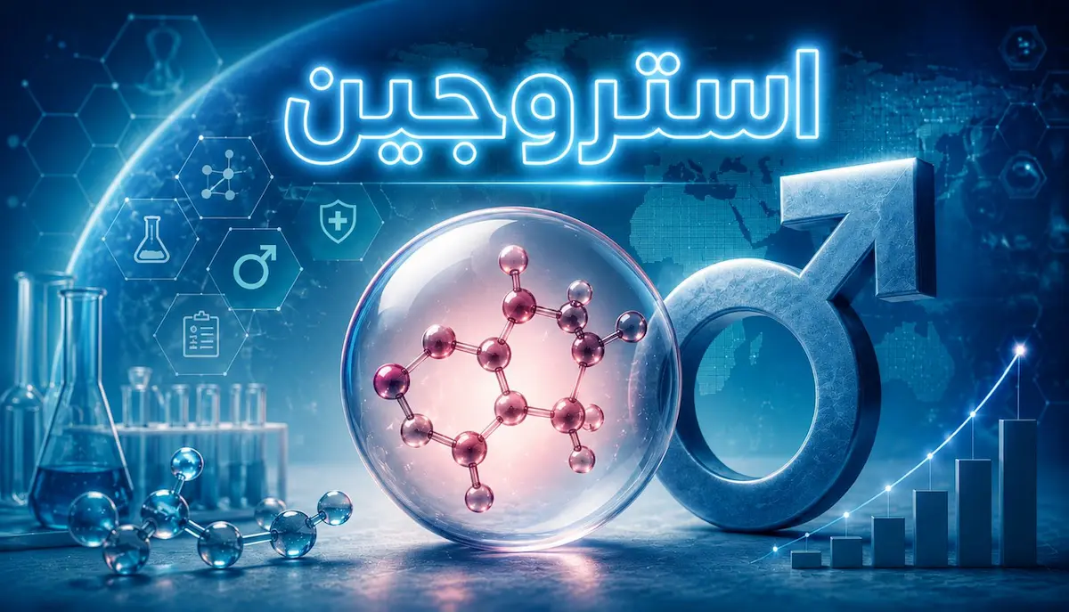 رسم توضيحي ولقطة لشعار وهرمون الإستروجين لمناقشة مقال الإستروجين عند الرجال وتأثيره على التستوستيرون والصحة الجنسية.
