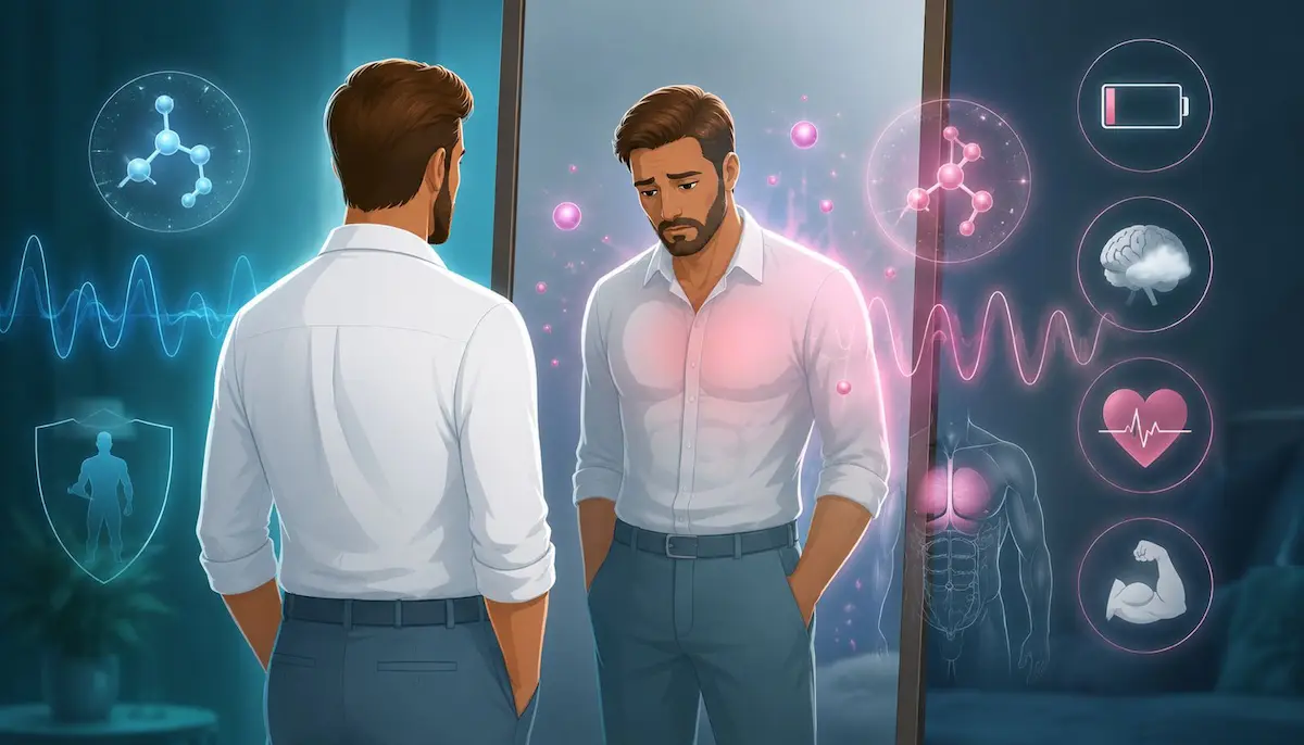 رسم توضيحي يظهر الشاب وهو ينظر إلى انعكاسه في المرآة بخجل وقلق، لمناقشة أعراض ارتفاع هرمون الإستروجين وتأثيره على ثقة الرجل وأدائه.