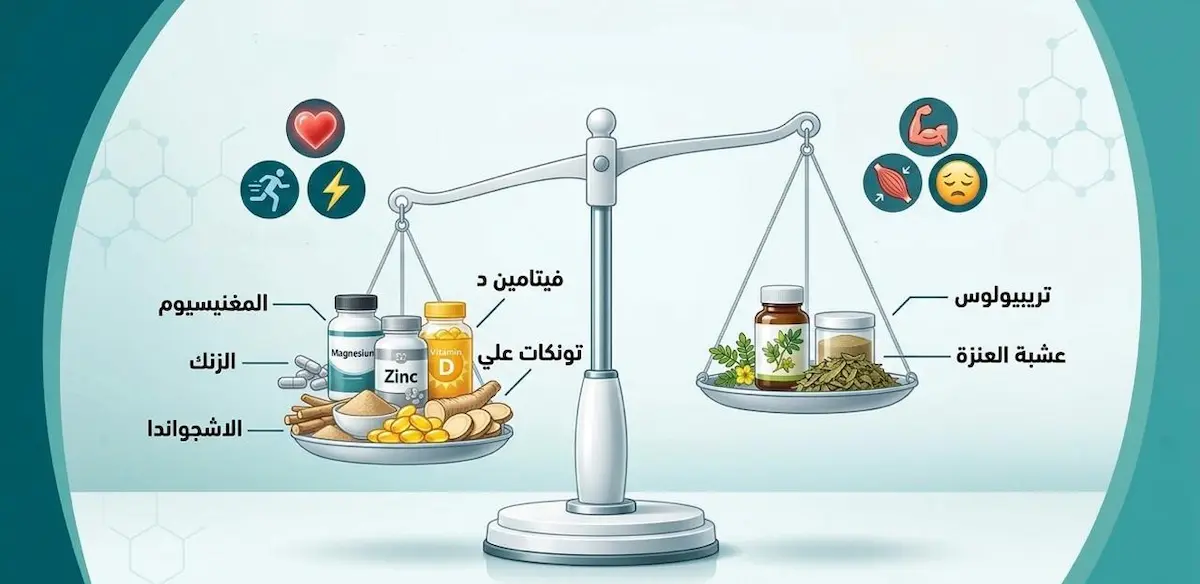 رسم توضيحي يظهر مكملات غذائية موضوعة داخل ميزان لتقييم فوائدها للأداء الجنسي بناءً على الأدلة العلمية الموثقة.