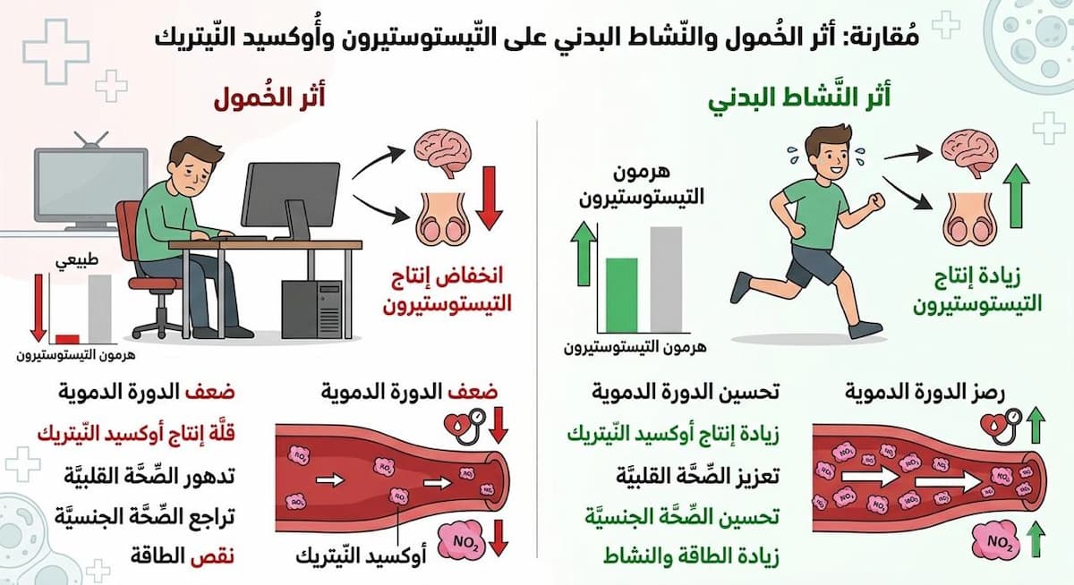مخطط طبي يقارن بين أثر الرياضة والخمول على إنتاج هرمون التستوستيرون و أكسيد النيتريك الضروري للانتصاب.