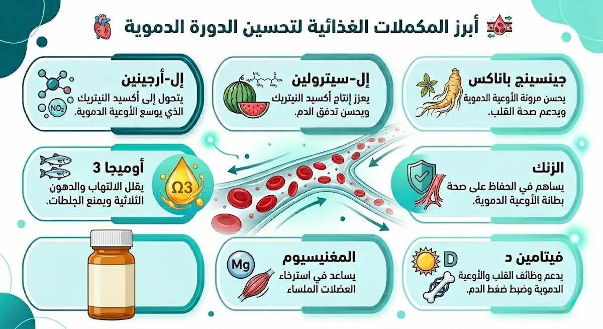 إنفوجرافيك طبي يستعرض قائمة بأفضل المكملات الغذائية المثبتة علمياً لتحسين تدفق الدم وتعزيز مستويات أكسيد النيتريك لدى الرجال.