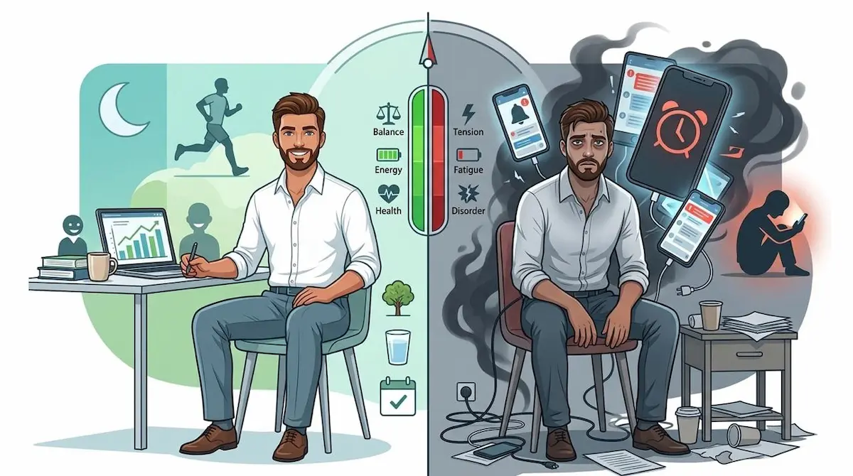 رسم توضيحي مقسوم لنصفين يظهر الشاب العربي في حالتي التعب والسعادة للتفريق بين الحدود الطبيعية للعادة السرية ومتى تصبح مشكلة تؤثر على الصحة.