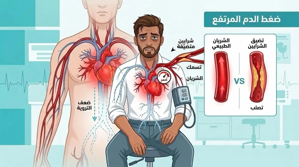 رسم توضيحي يصور الشاب العربي في حالة قلق بسبب ارتفاع ضغط الدم وأثره السلبي على الصحة الجنسية.