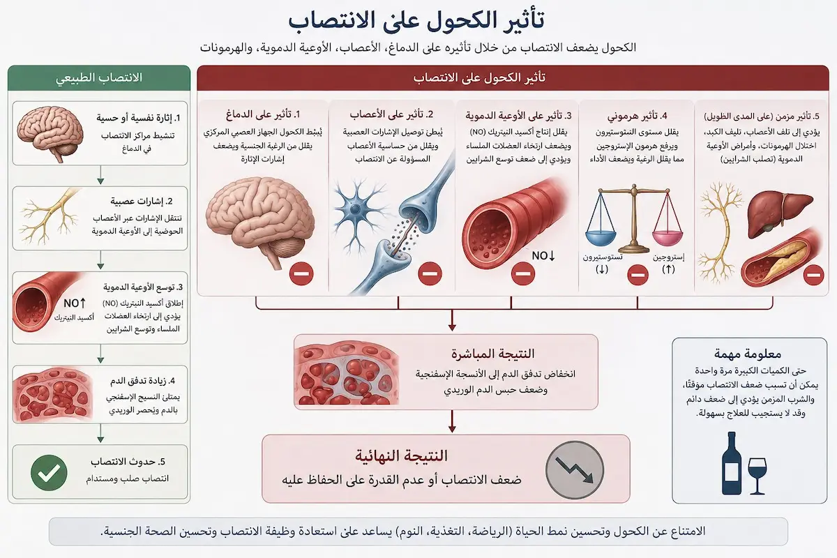 إنفوجرافيك علمي يشرح عملية تثبيط الجهاز العصبي وتأثير الجفاف الناتج عن الكحول على قوة الانتصاب.